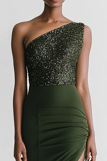 Sparkly Olive Satin One Shoulder Mermaid Long Evening Dress with Slit